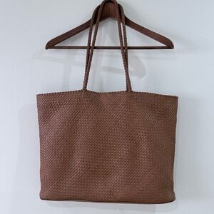Quince Italian Leather Handwoven Tote in Cognac